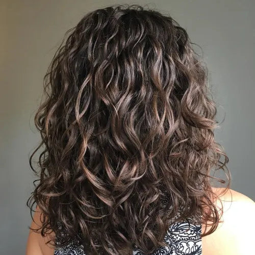 Curly hair styled in a way that highlights its texture and volume against a neutral background.