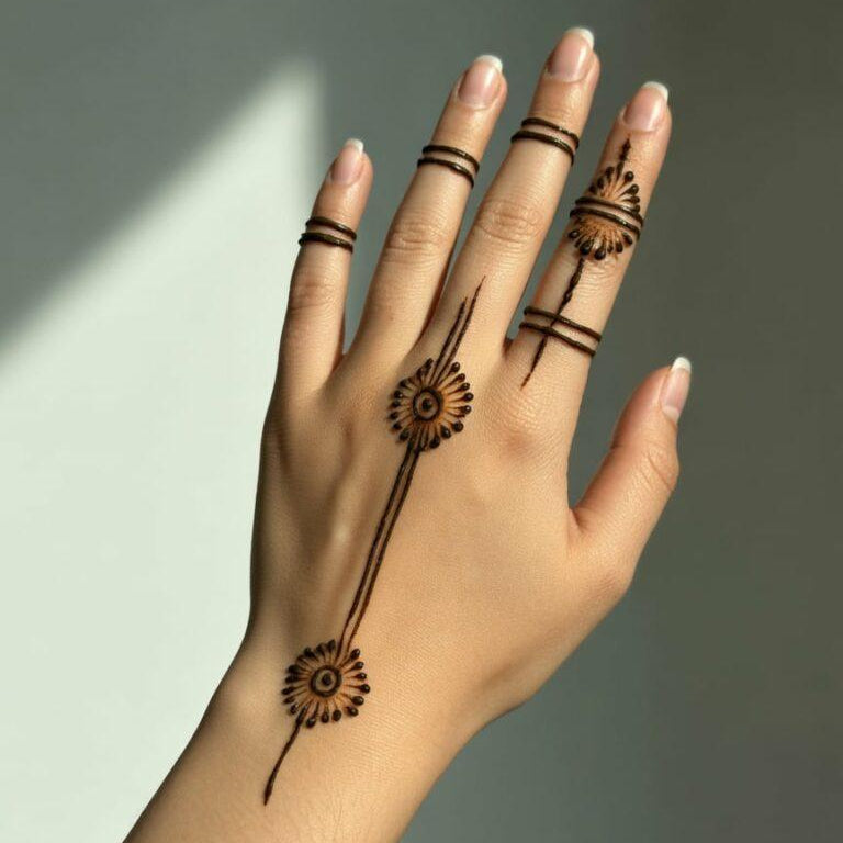 Hand with intricate henna designs on a neutral background