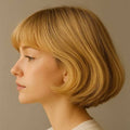 Woman with a short blonde bob haircut against a neutral background