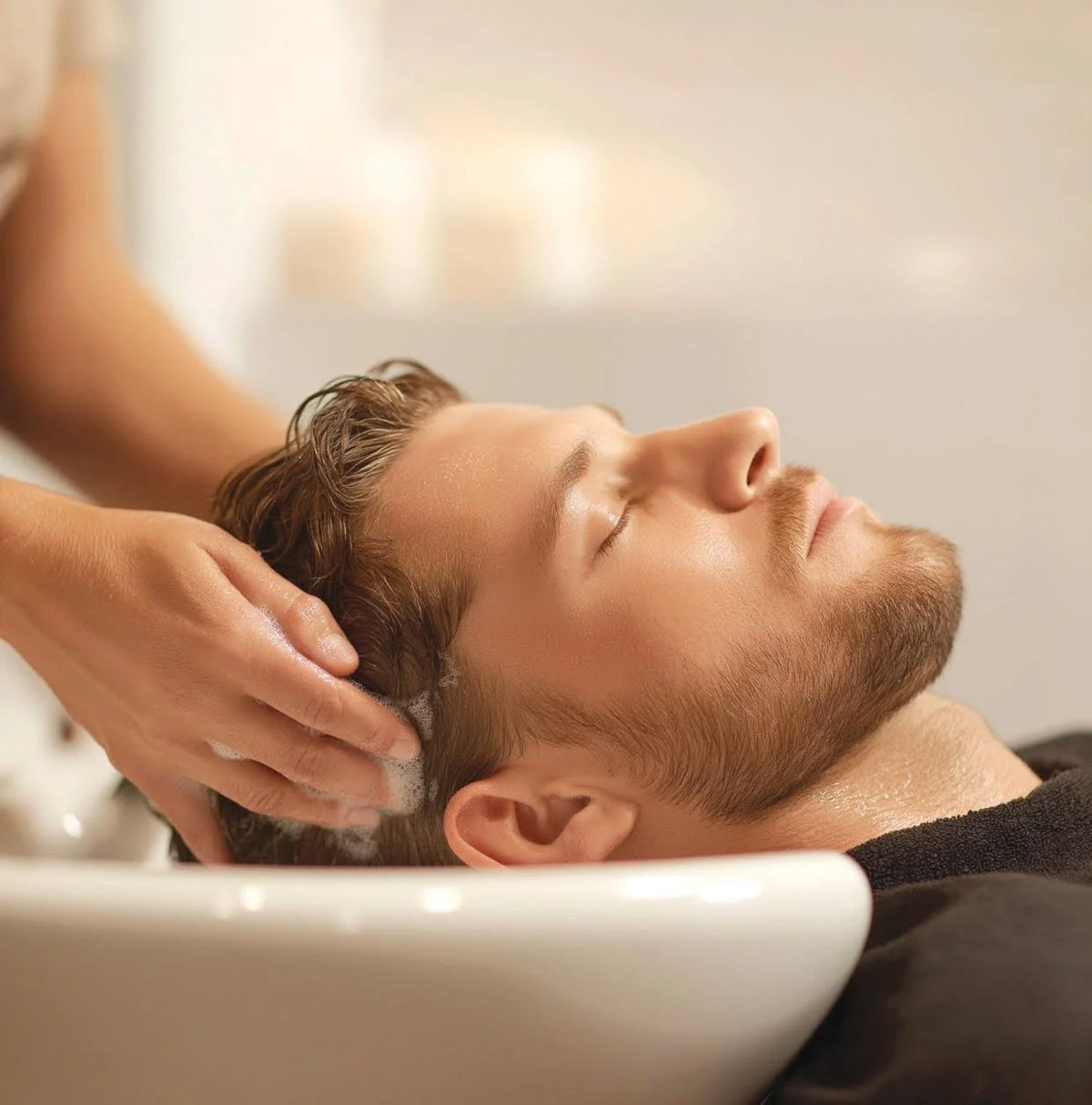 Man receiving a hair wash at a salon with a blurred background
